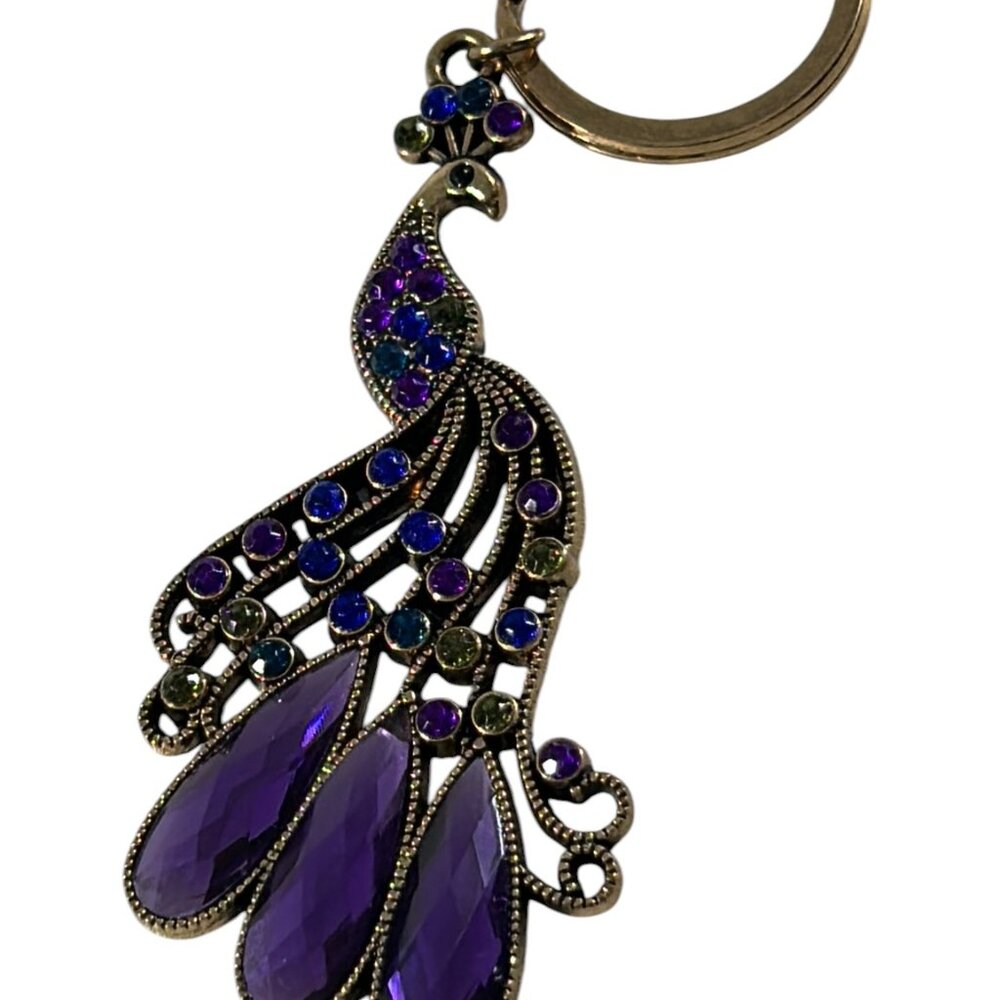 Metal Peacock Key Chain Purple Green Rhinestones Gold Tone Purse Charm